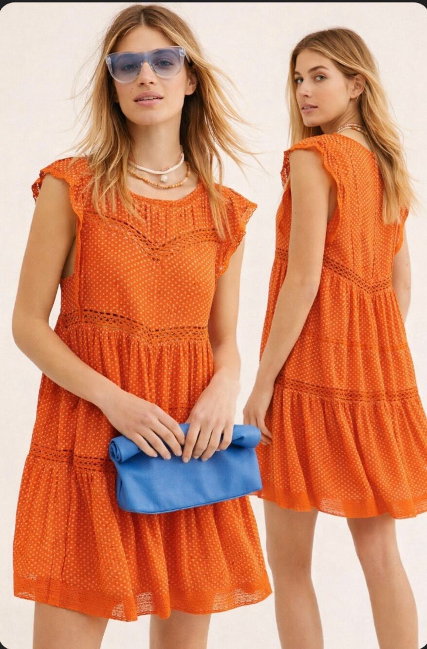 Free People Burnt Orange Tiered Dress Boho Crochet Details Size S Feminine